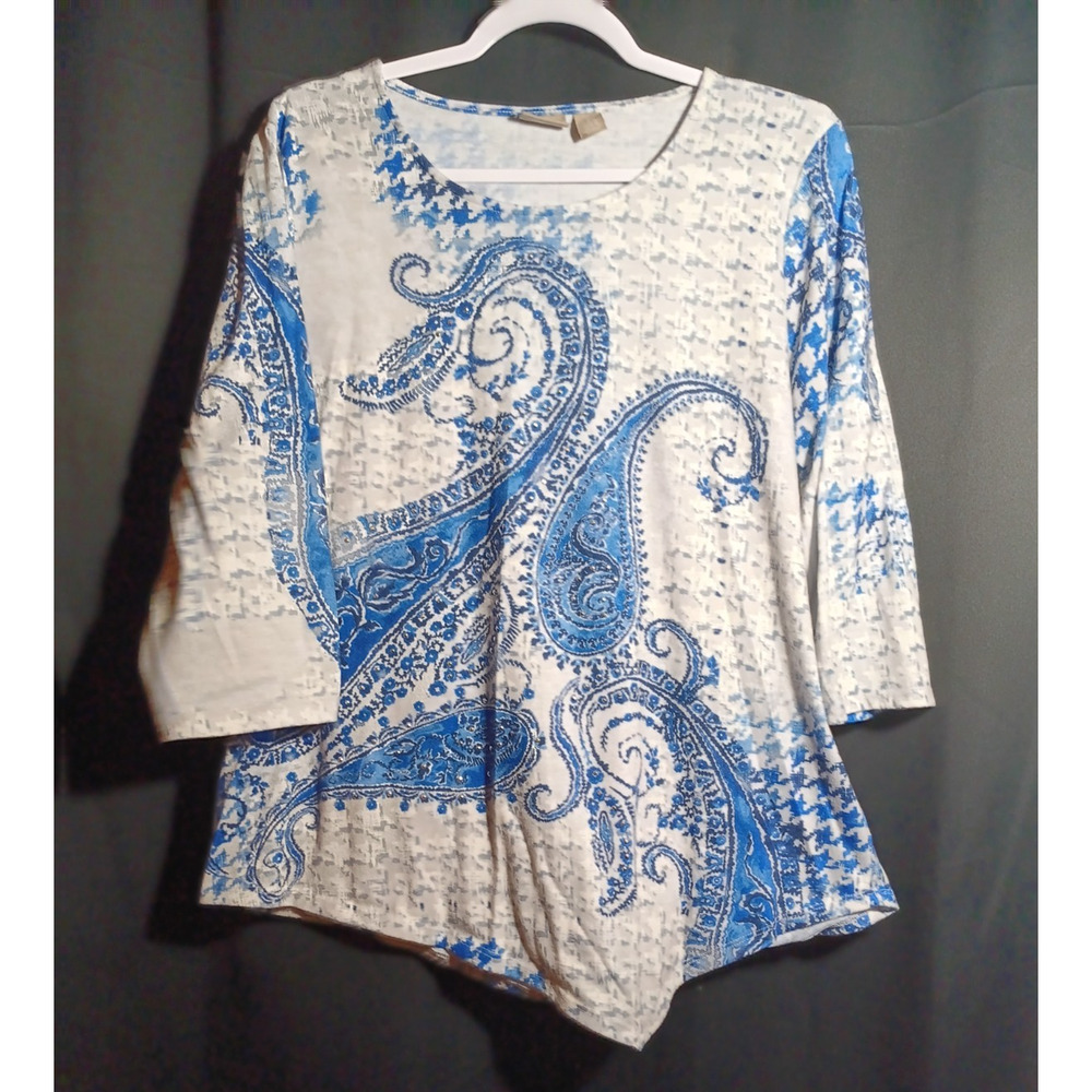 Chico’s Size 2 Blue Paisley Cotton Shirt White Bling Accent Y2Kcore 3/4 Sleeve